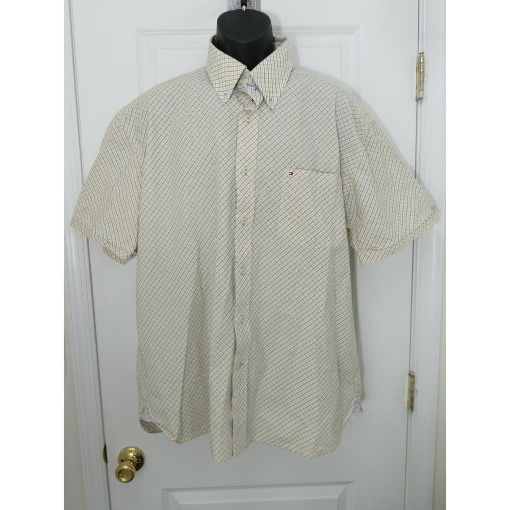 Tommy Hilfiger Mens Yellow Blue Check Short Sleeve Button Down Shirt Size XL